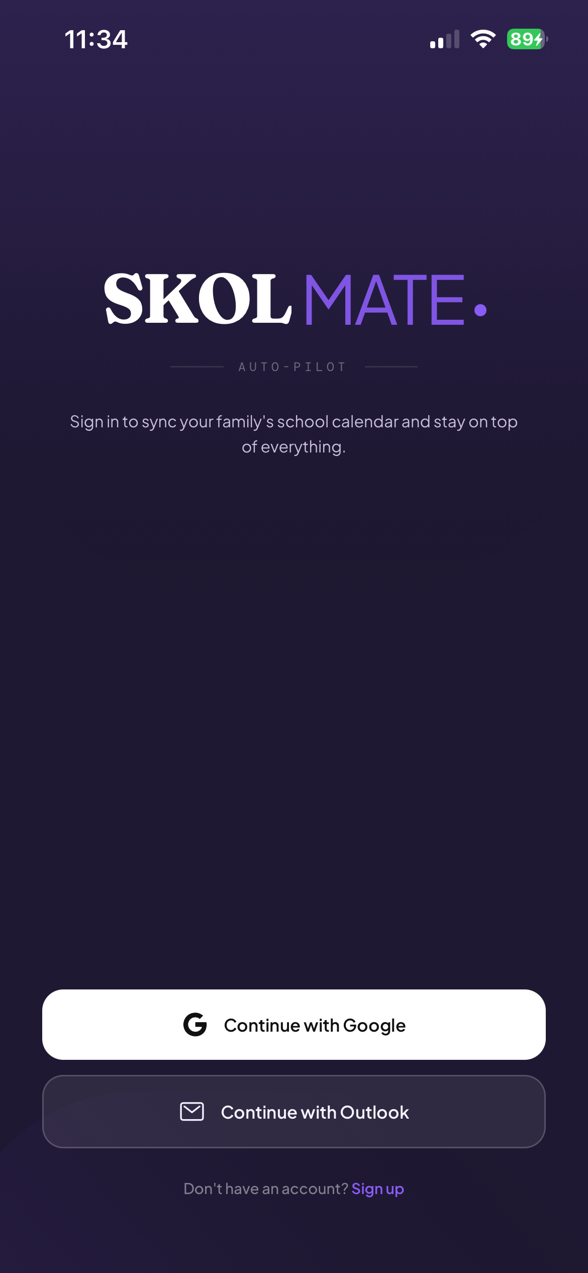 Skolmate sign-in screen