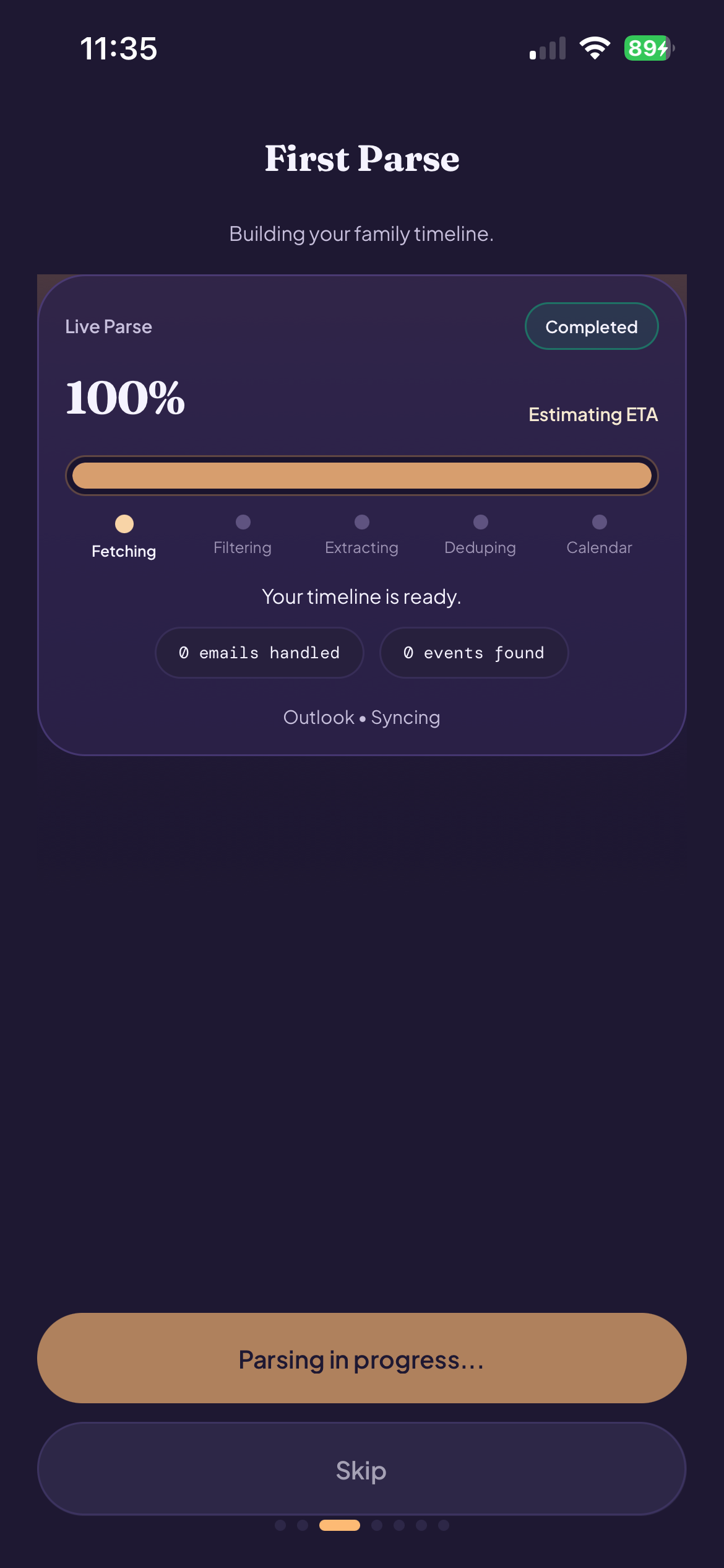 Skolmate event parsing progress screen