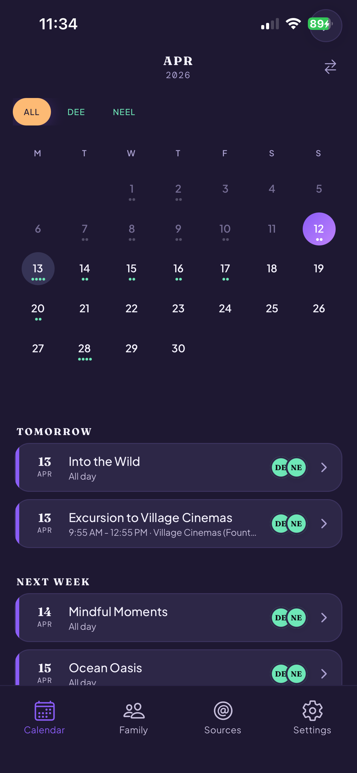 Skolmate family calendar view